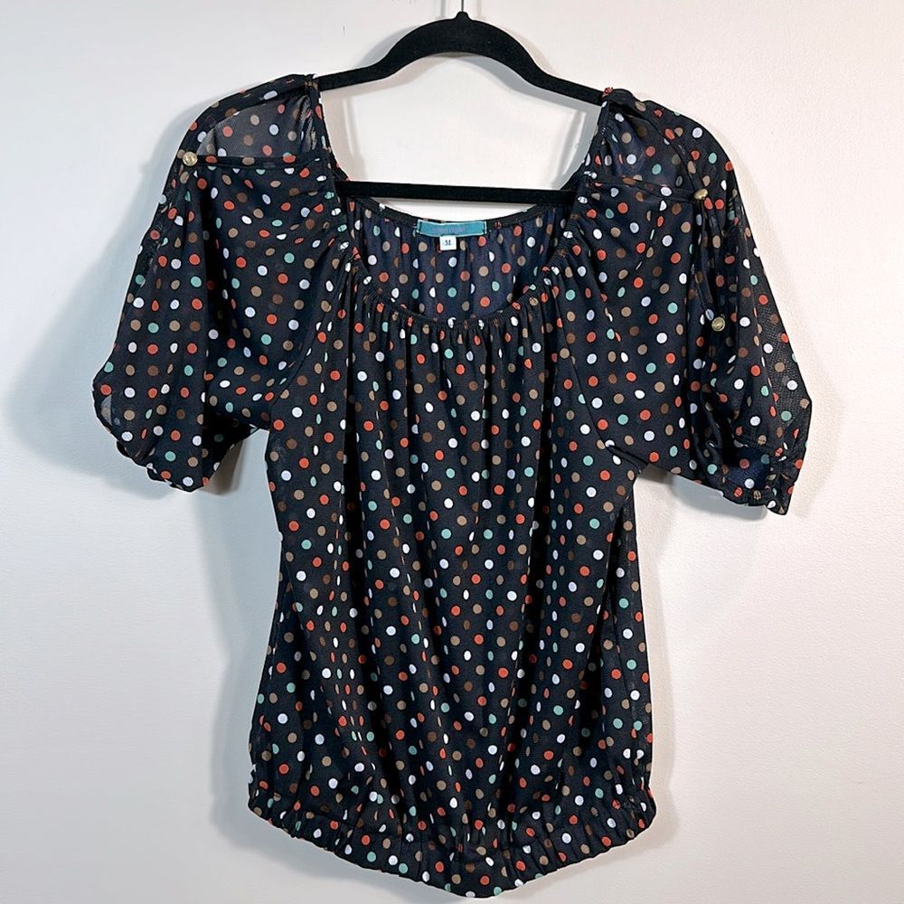 Julie’s Closet Black Polka Dot Off the Shoulder Cut Out Sheer Top Women Medium